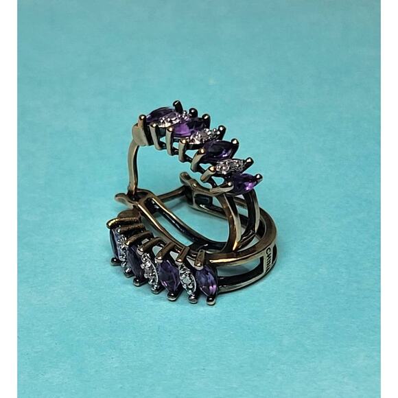 Sterling Silver 925 Marquise Cut Amethyst Diamond Chip Hoop Circle Earrings - Picture 3 of 11